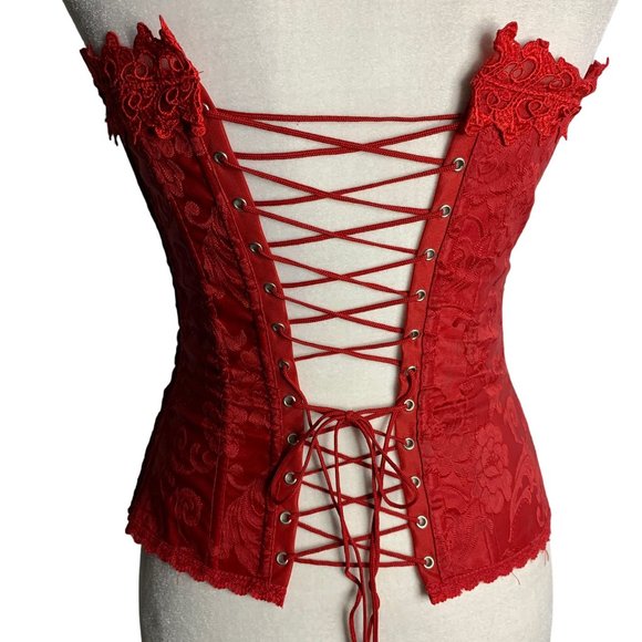 Fredericks Hollywood Dream Sweetheart Corset 32 Red Jacquard Lace Hook Closure - Picture 6 of 9